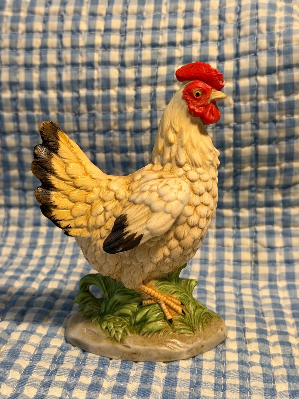 Porcelain Chicken Figurine White Rooster Hen on Grass Base, Approx 6in Tall